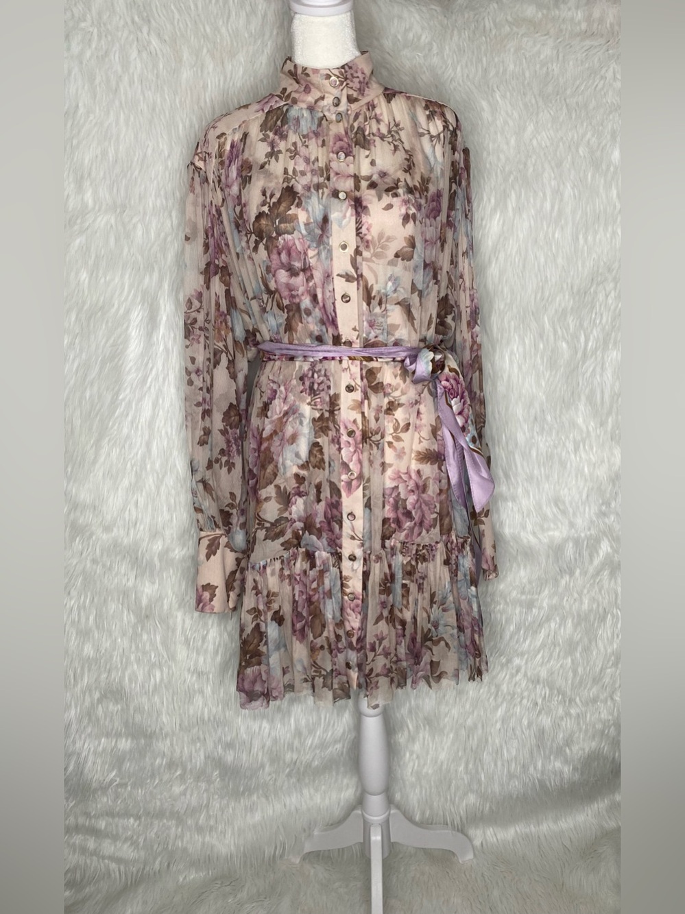 Zimmermann Floral Sheer Button-Front Dress in Pink and Brown